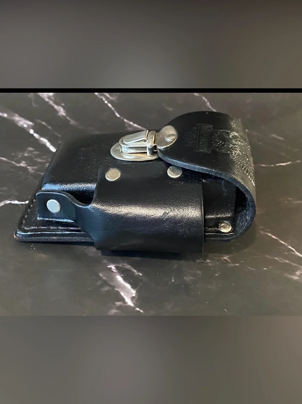 Harley-Davidson Embossed Black Leather Belt Pouch with Silver Clasp